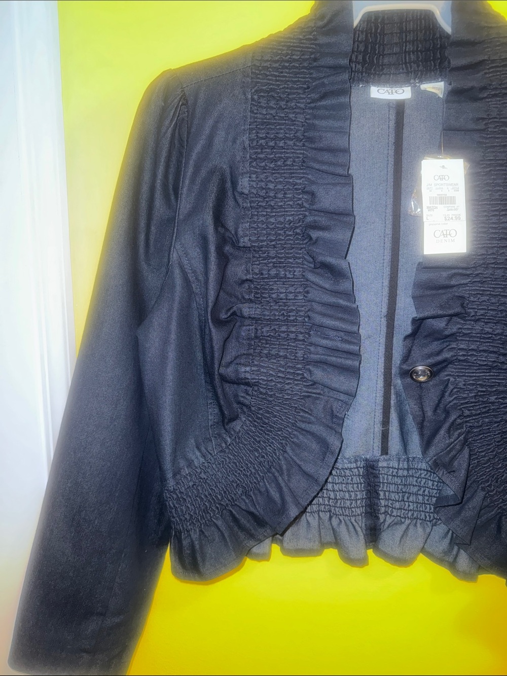 Women’s Denim Ruffled Cropped Jacket - Elegant Evening Coat - Picture 10 of 14